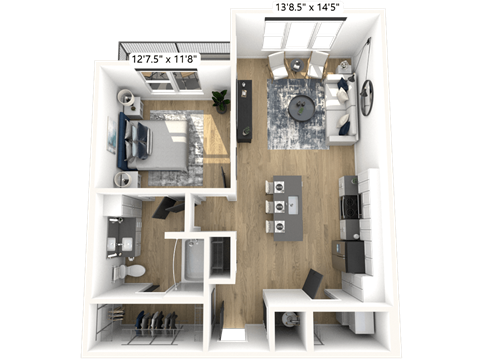 Floor plan for 1 bed, 1 bath, 750 sqft